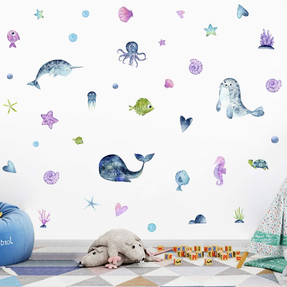 Iarttop Watercolor Ocean Theme Wall Art Decal Under Sea Life Animals Narwhal Dolphin Octopus Fish Wall Sticker For Kids Room Nursery Decoration Buy Online In Bermuda At Bermuda Desertcart Com Productid