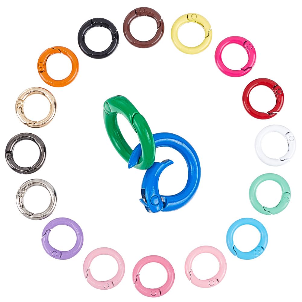 CRASPIRE 36Pcs 18 Styles Spring O Rings 20mm Small Round Snap Clip Spring Gate Rings Alloy Key Clasps for Keychains Bag Purse Handbag Collars Bags DIY Craft Jewelry Making