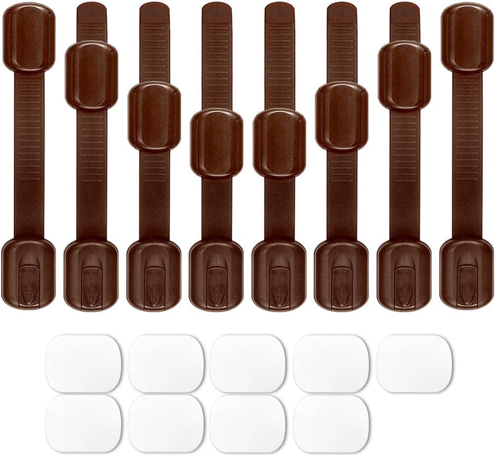 8 Pack Brown Child Safety Locks, SACONELL Baby Proof Cabinets Latches with No Trapped Fingers for Cupboard, Drawers, Closet, Toilet Seat, Oven and Fridge, Free 9 Extra Adhesive Pads
