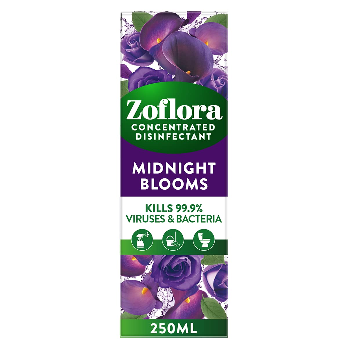Zoflora Midnight Blooms Concentrated Multipurpose Disinfectant Liquid, Antibacterial & Multi-Surface, Pet Safe Disinfectant, Kills 99.9% Of Bacteria & Viruses, 1 X 250 ml