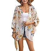 olrain Women's Floral Print Sheer Chiffon 3/4 Bat Sleeve Casual Loose Kimono Cardigan Capes