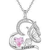 Aurora Tears Birthstone Love Heart Butterfly Pendant Necklace - 925 Sterling Silver Firework-Cut Cubic Zirconia Love Forever Necklace Anniversary Birthday Jewelry Gift for Women Wife Mom Daughter