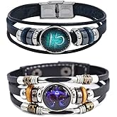 2Pcs Multilayer Constellation Zodiac Leather Bracelet Handmade Woven Zodiac Sign Wrap Bracelet Wristband for Women Men Jewelry Birthday Gift