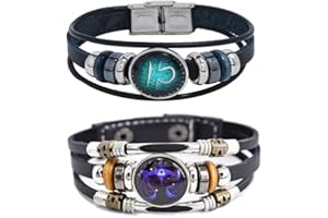 HEWILL 2Pcs Multilayer Constellation Zodiac Leather Bracelet Handmade Woven Zodiac Sign Wrap Bracelet Wristband for Women Men Jewelry Birthday Gift