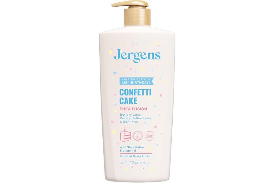 Jergens Shea Fusion Confetti Cake Body Lotion, Shea Butter, 14 fl oz | Moisturizer for Dry Skin, Scented Body Lotion, Vitamin E, Shea Butter Lotion, Daily Hydration