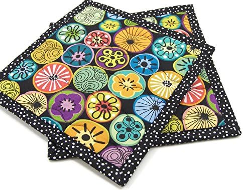 Cotton Pot Holders - Colorful Flower Circles on Black - Set of 2 - 8 Inch Kitchen Potholders
