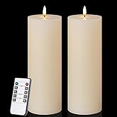 volnyus Flameless Candles Set of 2 (3x9 inch) Flickering LED Wax Candles Battery Operated with Remote Control Timers for Fall Decor/Night Light/Fireplace/Party Dimmable Ivory Pillars Flat top