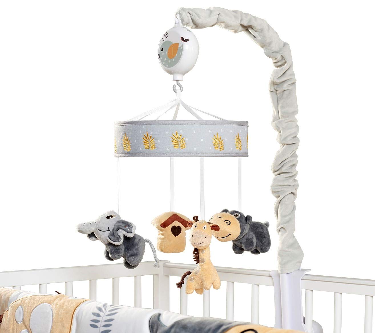 Oberlux Musical Baby Crib Mobile - Jungle Animal Safari Theme Baby Soother, Gray, Tan, Baby Toy Animals