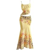 Verdusa Women's 2 Piece Floral Leopard Print Outfit Layered Ruffle Cami Top and Fishtail Maxi Skirt Set Vacation Outfits