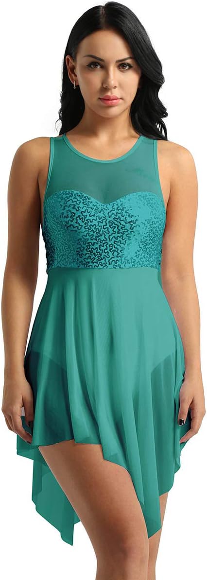 Women's Lyrical Ballet Dance Dress Triangular Cut Asymmetric Mesh Sequins Leotard Dresses