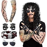 Svzadipe 7 Pcs Rocker Costume Men's Curls Disco Party with Wigs Sunglasses Beards Sleeves Gloves Headscarves for 70s 80s 90s