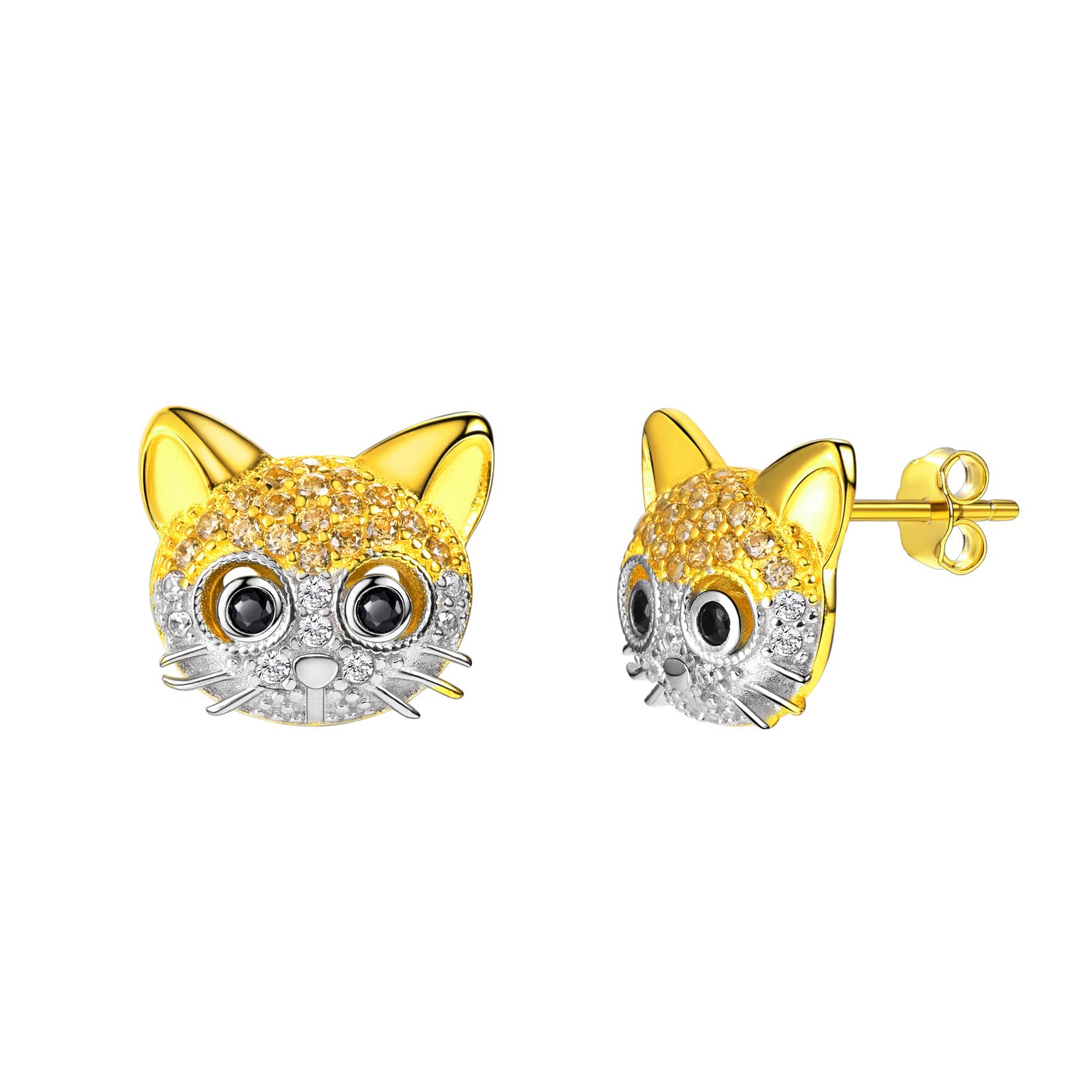 SILVERCUTE Stud Earrings for Women 925 Sterling Silver Animal Earring, Cute Crystal Cat Ear Studs, Lovely Gold Small Cartilage Ears Jewellery for Daily Wear Delicate Gifts for Birthday