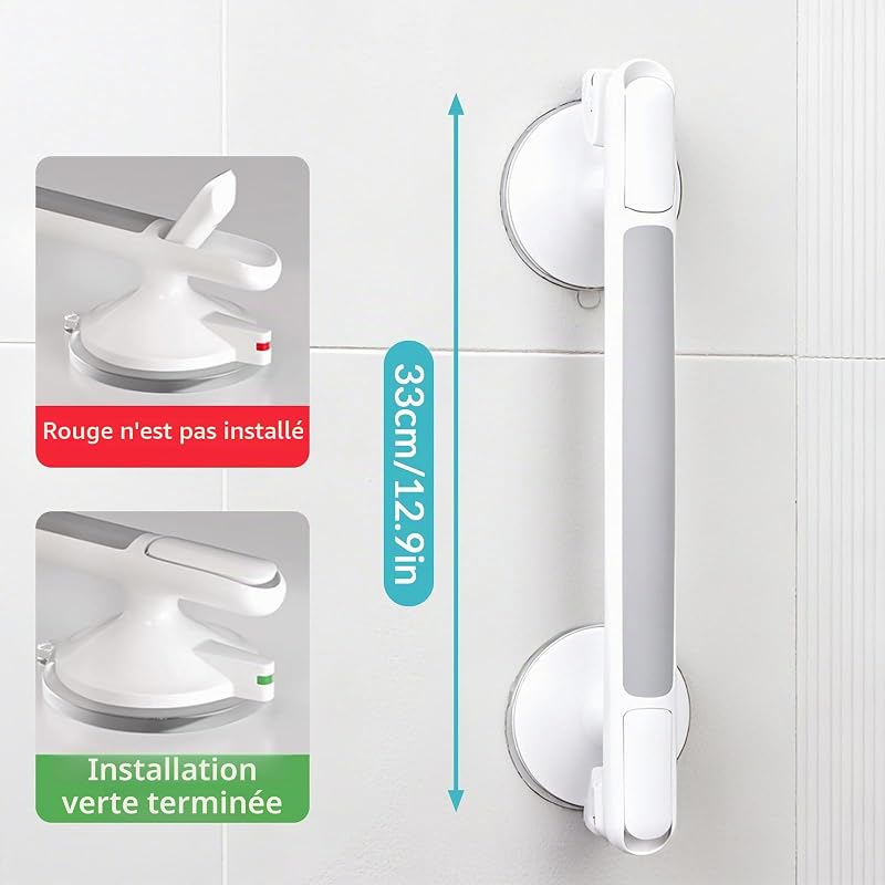 Lot de 2 Poignée Ventouse pour Salle de Bain, 30CM Barres d'appui de Douche Sans Perçage, Sécurité Poignée Douche, Ventouse de Poignée Douche pour Seniors