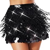 Latious Carnival Black Sequin Skirt Fringe Sparkly Belly Dance Skirt Mermaid Costume Skirts for Women