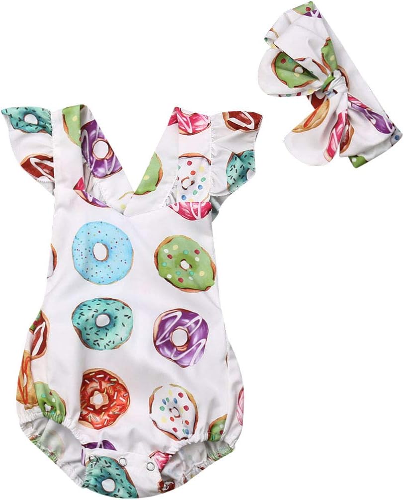 Baby Girl Donuts Fly Sleeve Romper Jumpsuit Newborn Kid Summer Outfits 0-24Months