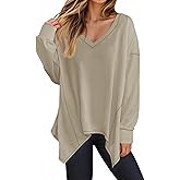 Tankaneo Womens Oversized Long Sleeve V Neck Tshirts Casual Loose Fit Shirts Trendy Fall Tunic Tops