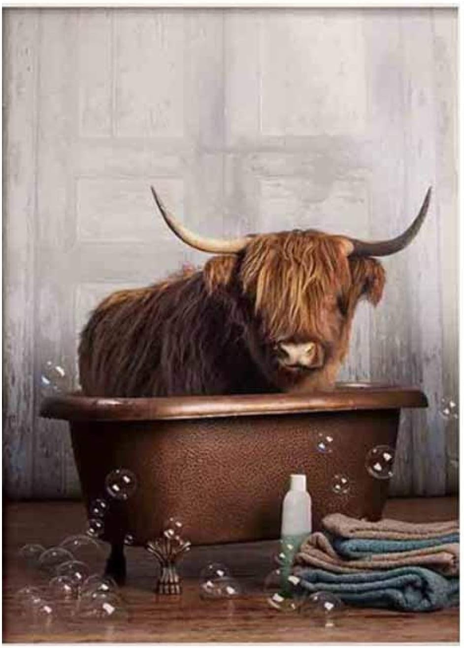 Animal in Bathtub Poster Print Highland Cow Canvas Painting Nursery Wall Art Nordic Pictures Room Decor-50x75cm unframed 1 pcs