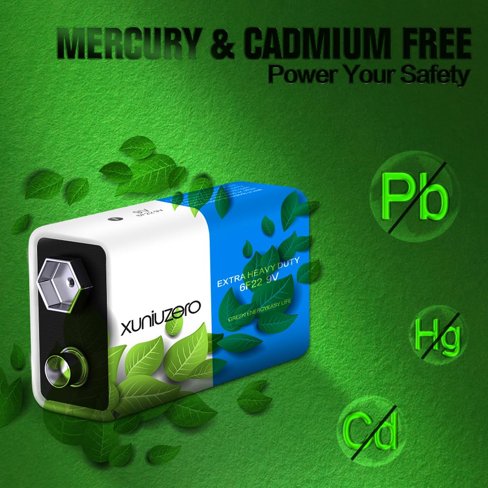 XUNIUZERO 9V Batteries Carbon 9 Volt Battery for Smoke Detector 6F22 Square Battery, Long-Lasting, 4 Pack
