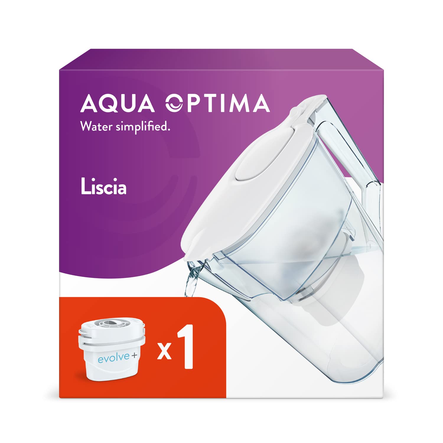 Aqua Optima Liscia Water Filter Jug & 1 Evolve+ Filter Cartridges 2.5L White - Fridge & Dishwasher Friendly, Easy Fill - Reduces Limescale, Chlorine & Other Impurities - By LAICA (Packaging May Vary)