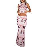 Skirt Sets Women 2 Piece Outfits - Sexy Two Pc Sleeveless Tank Crop Top Fold Over Maxi Long Skirts