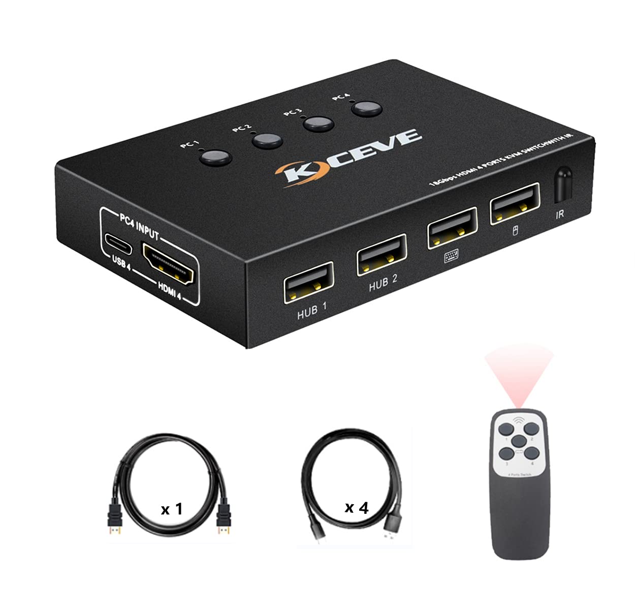 Photo 1 of KCEVE KVM Switch HDMI 4 Port, UHD 4K@60Hz, 4 USB Hub, for 4 Computers Share Keyboard Mouse and one HD Monitor, with 4 USB Cables and IR Remote Control