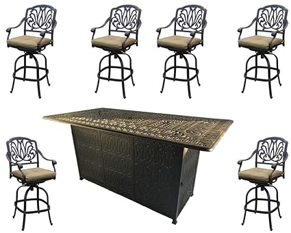 Sunvuepatio Fire Pit Dining Table Set Outdoor Propane Heater Elisabeth Bar Stools Cast Aluminum Furniture