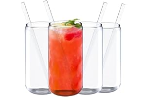 Jucoan 4 Pack 18 oz Can Shaped Beer Glass, Premium Handmade Clear Drinking Cups with 4 Reusable Glass Straws for Water, Wine,