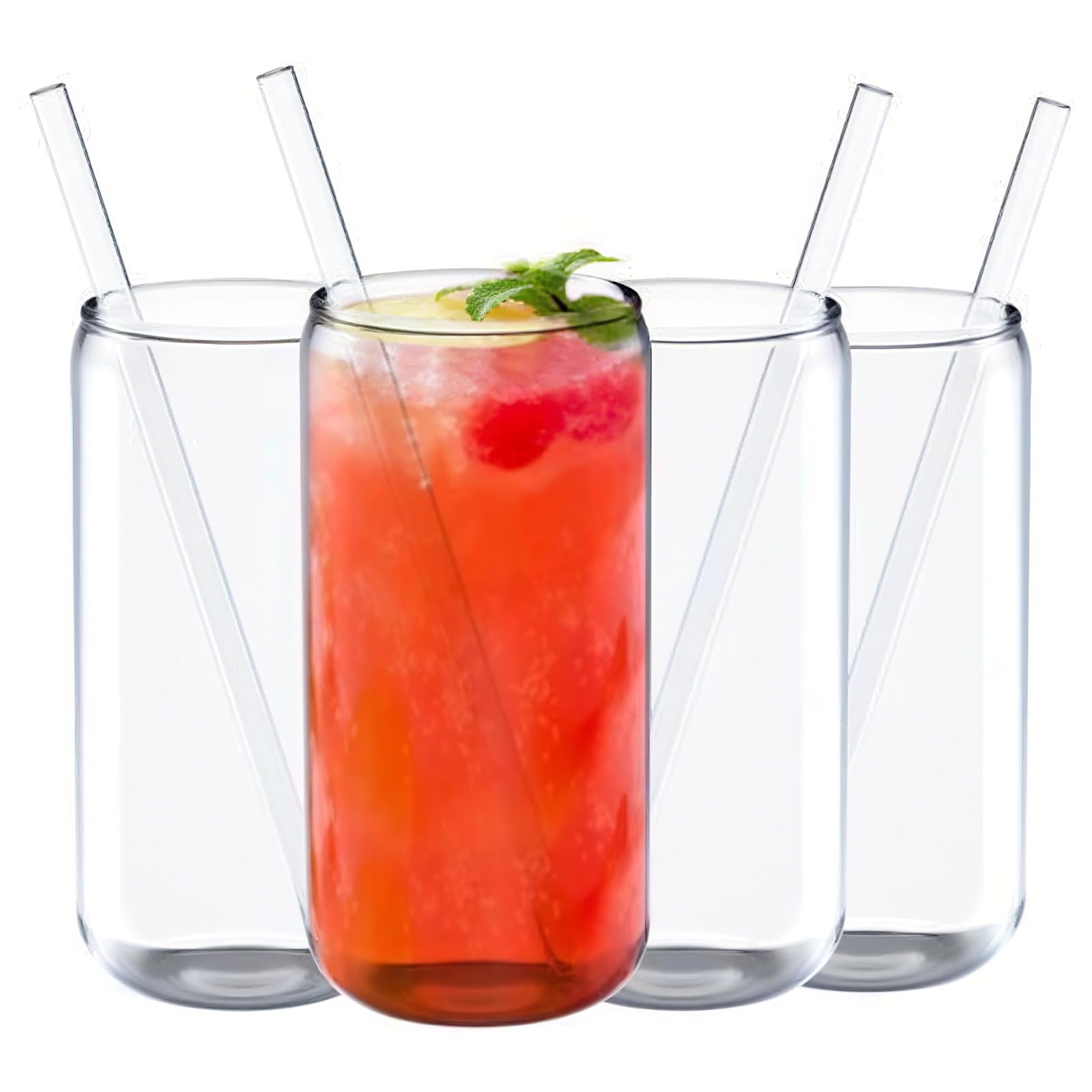 Jucoan 500ml Can Shaped Glass Tumblers Set of 4 with Glass Straws, Retro Transparent Beer Glasses for Iced Coffee, Cocktails, Juice, Soda, Milkshake & Cold Drinks, Reusable Can Cups