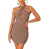 REORIA Women's Sexy Mini Dress Halter Sleeveless Backless Bodycon Criss Cross Ruched Short Dresses Party Night Club Outfits