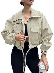 Tankaneo Womens Cropped Jacket Zip Up Lightweight