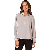 Adrianna Papell Womens Long Sleeve Open V-Neck Collar Silky Woven Blouse