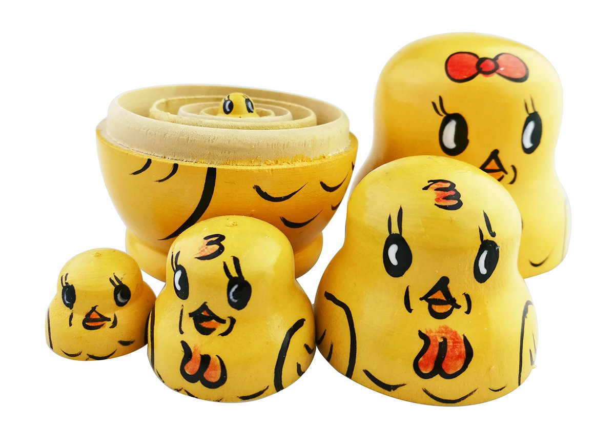 Winterworm Cute Lovely Animal Mini Yellow Chicken Handmade Wooden Russian Nesting Dolls Matryoshka Dolls Set 5 Pieces for Kids Toy Birthday Kids Room Decoration