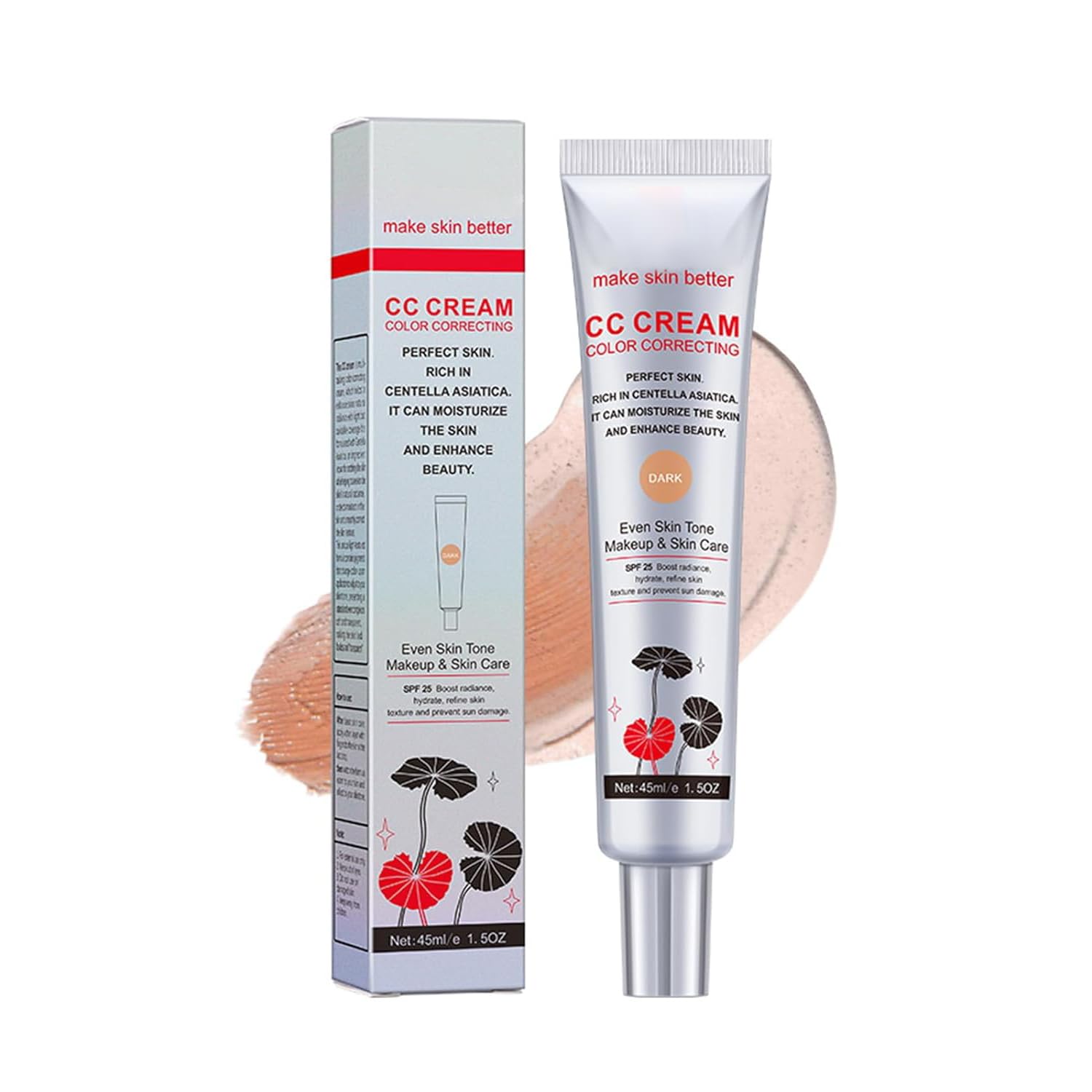 Color Correcting CC Cream with Centella Asiatica Full-Coverage Foundation with SPF 25, Even Skin Tone Makeup and Skin Care, Long Lasting and Hydrating color changing foundation Concealer, Dark 45ml