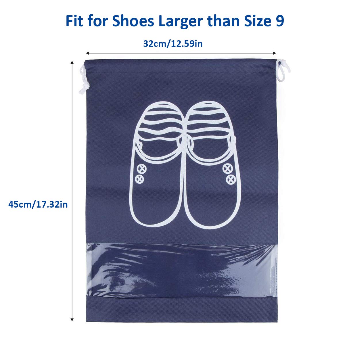 10 Packs Portable Travel Shoe Organizer, AIRERA Large Storage Bag for Men Shoes Dust-proof Breathable Transparent Window for Boots, High Heel Drawstring, Space Saving Storage Bags (45*32CM, Navy Blue)
