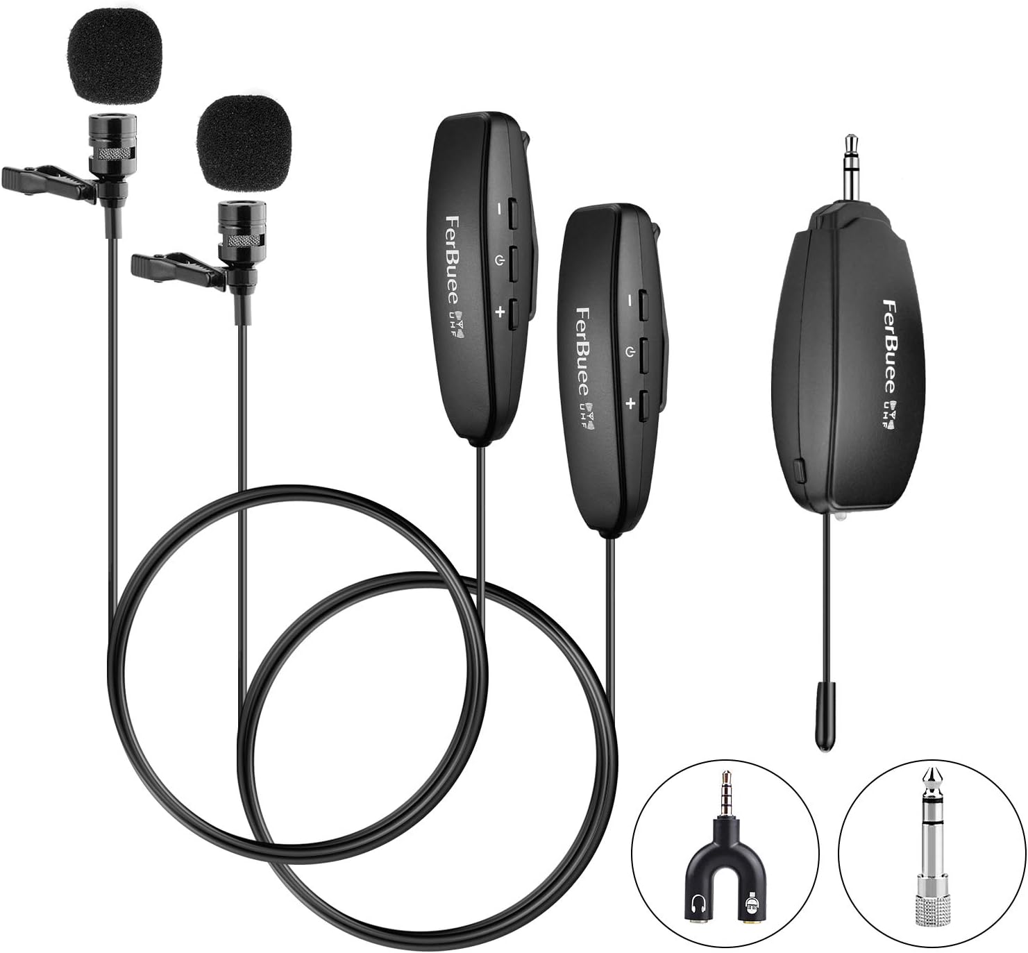 Wireless Lavalier Microphone FerBuee UHF Lapel Microphone, 2 Lavalier Mics & 1 Receiver, 150ft Stable Wireless Transmission Voice Recording Mic for Phones, Cameras Voice Amplifier for Speakers
