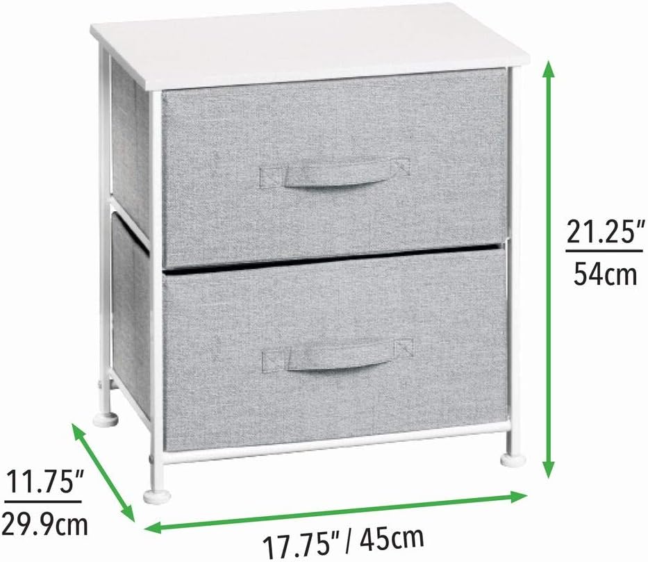 mDesign Night Stand/End Table Storage Tower - Sturdy Steel Frame, Wood Top, Easy Pull Fabric Bins - Organizer Unit for Bedroom, Hallway, Entryway, Closets - Textured Print - 2 Drawers - Gray/White -