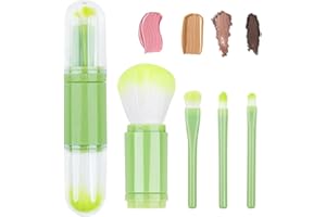 MS. WENNY Mini Makeup Brush Travel Set - Green 4 in 1 Portable Telescopic Brush, Highlight Brush, Eyeshadow Brush, Foundation Blending Powder Brush Retractable Facial Cosmetic Lip Brush Set