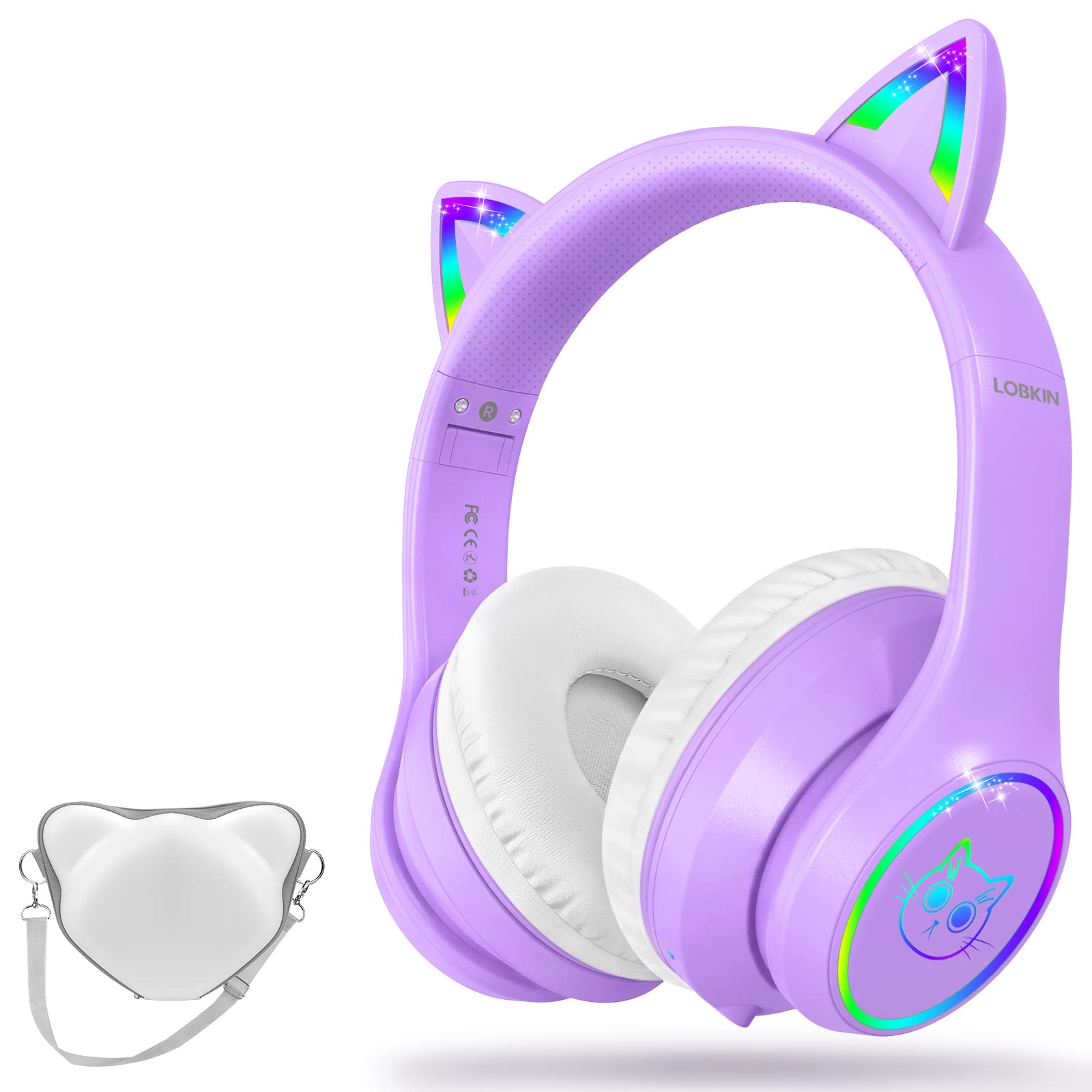 LOBKIN Bluetooth 5.4 Kids Headphones with Case - RGB LED Light Up Cat Ears Foldable Adjustable over ear headphone Support Wireless or 3.5mm Wired Mode for Toddler & Girls & Boys Teens
