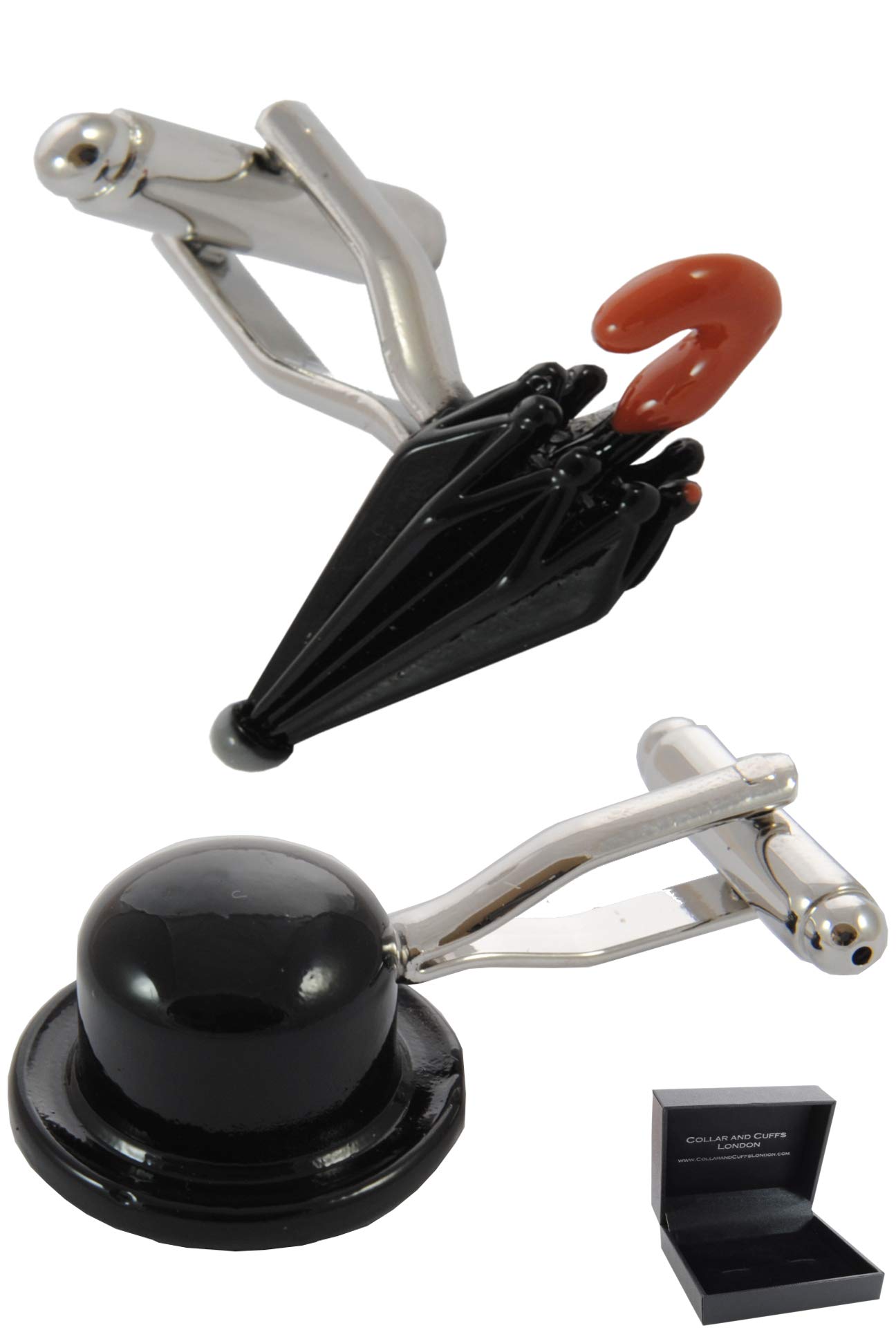 Cufflinks for Men + Presentation Box - Black - City Gent Bowler Hat and Umbrella - London Square Mile Stockbroker Banker - One Pair