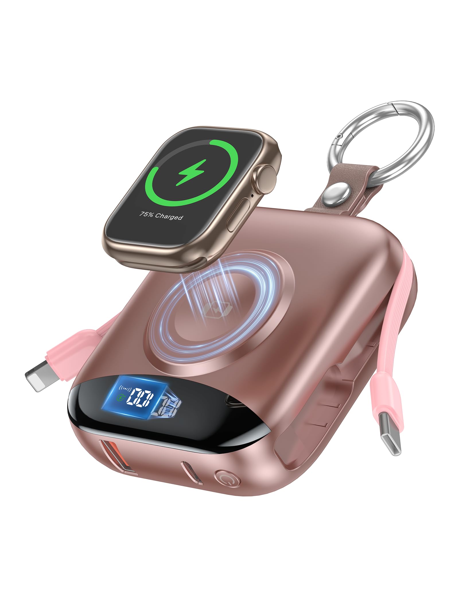 citicr Portable Charger 10000mAh w/Built-in Cables & iWatch Charger Rose