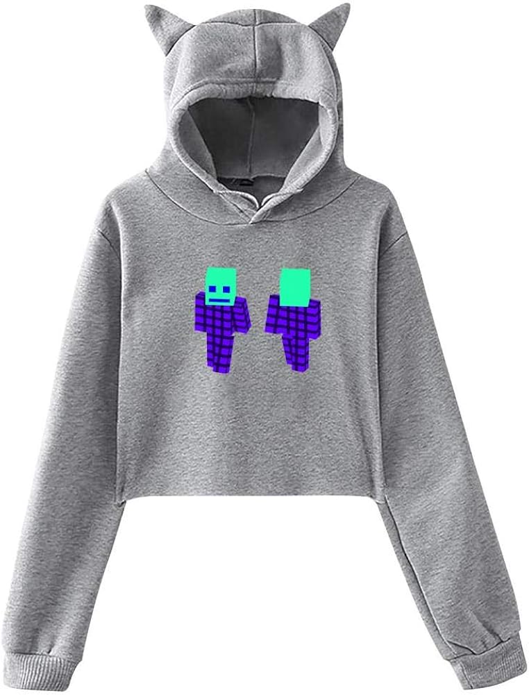 3D Print Womens Cute Cat Ear Crop Top Hoodie Geometry-Dash-3D Crop Top Sweatshirt