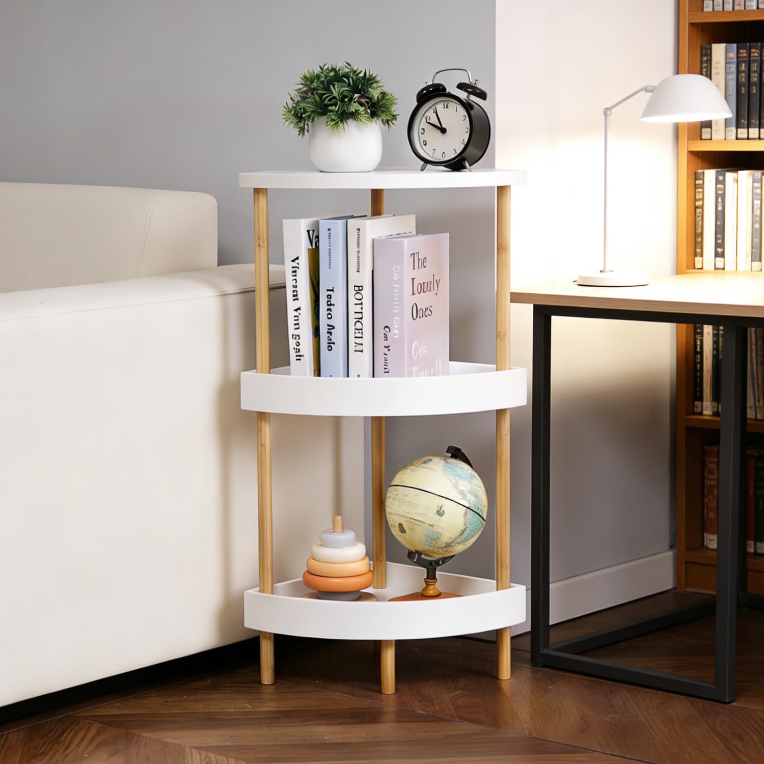 Photo 1 of WSLUKVII 3-Tier Bamboo Corner Shelf Stand with 5-Layer Lacquer & 4 Sturdy Legs, Durable Easy-Clean Corner Rack Organizer for Bathroom, Kitchen, Bedroom, Living Room, Easy Clean