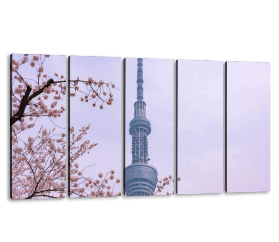 KiiAmy 5 Panels Art Wall Decor View of Tokyo skytree Tower at sumida Park Cherry Blossoms at Night A