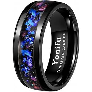 YONIFU Blue Purple Galaxy Opal Tungsten Carbide Rings for Men Women, Black Silver Nebula Inlay Wedding Bands, Polished Comfor