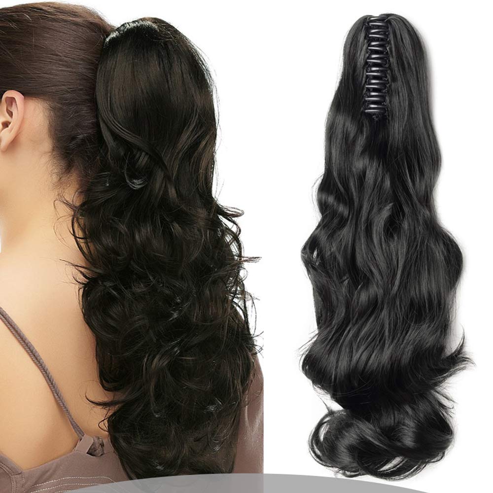 Silk-co Clip in Ponytail Extension Clip in 18 inches Long Wavy Curly Wrap around Hair Piece Synthetic Hair for Women (Jet Black)