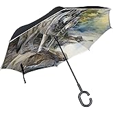 MCHIVER Vintage Grey Wolves Riverside Inverted Reverse Umbrella with C-shaped Handle Waterproof Upside Down Umbrella Windproo