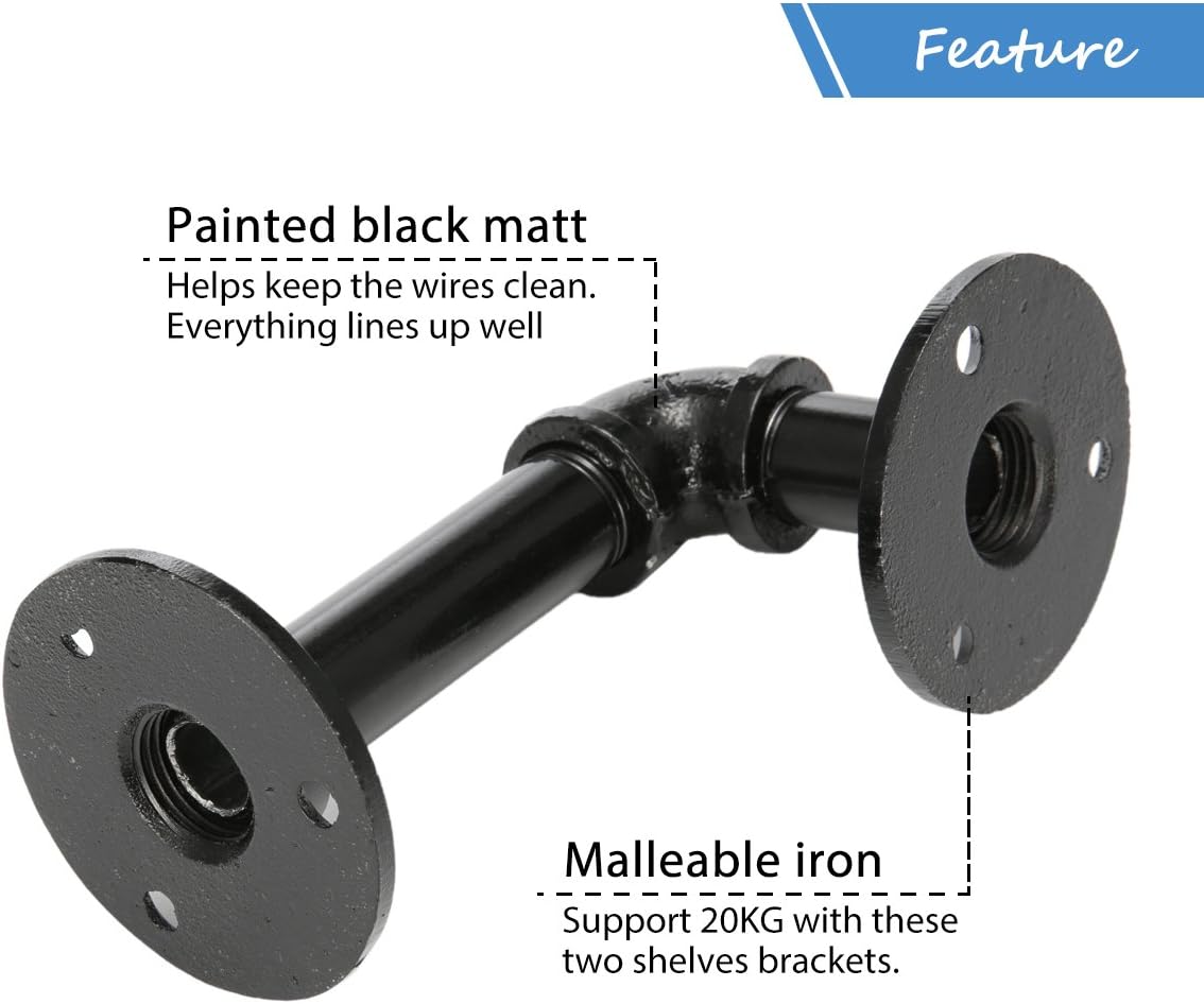 king do way Industrial Black Iron Pipe Bracket Wall Mounted Floating Shelf Hanging Wall Hardware Decor for Farmhouse Shelving Hardware Heavy Duty (2pcs): Home Improvement