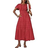 utcoco Women's 2025 Summer Short Sleeve V Neck Maxi Dress Casual Smocked Elastic Waist Flowy Swing Long Dress