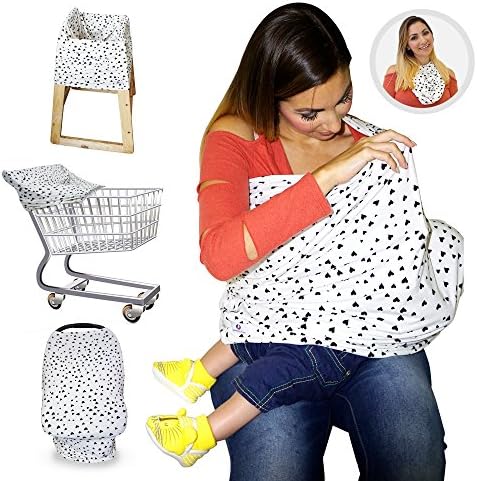 Nursing Breastfeeding Cover/Scarf + Baby Car Seat Cover/Canopy + Shopping Cart/Stroller Cover + High Chair Cover for Infant Girls and Boys. Best 4 in 1 Multi Use Stretchy Covers (Hearts)