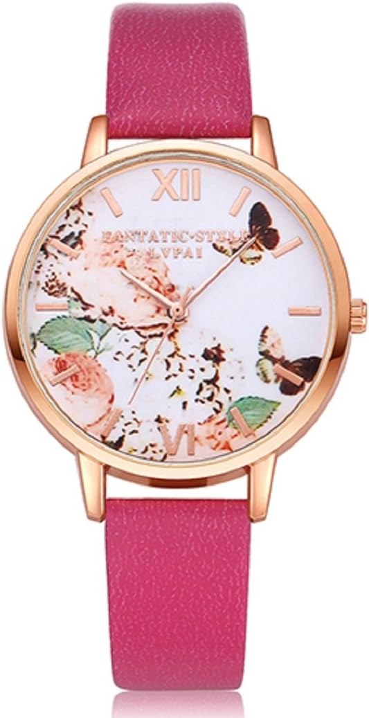 LvpaiButterfly Flower Faux Leather Strap Roman Numeral Wrist Watch for Women (Rose Gold Case + Rose Red Band)